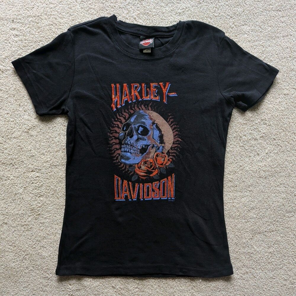 Harley Davidson Women's Skull Rose Rhinestone Shirt - Bourbon St New Orleans